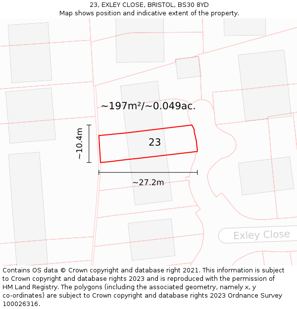 23, EXLEY CLOSE, BRISTOL, BS30 8YD: Plot and title map