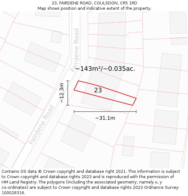 23, FAIRDENE ROAD, COULSDON, CR5 1RD: Plot and title map