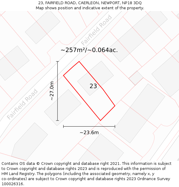 23, FAIRFIELD ROAD, CAERLEON, NEWPORT, NP18 3DQ: Plot and title map