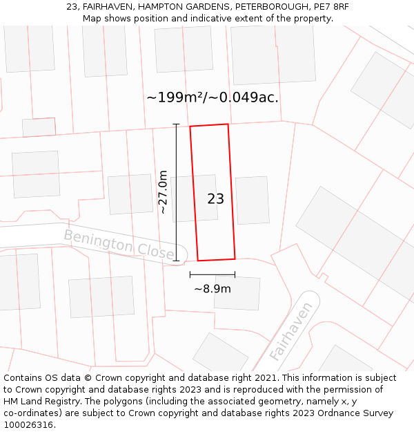 23, FAIRHAVEN, HAMPTON GARDENS, PETERBOROUGH, PE7 8RF: Plot and title map