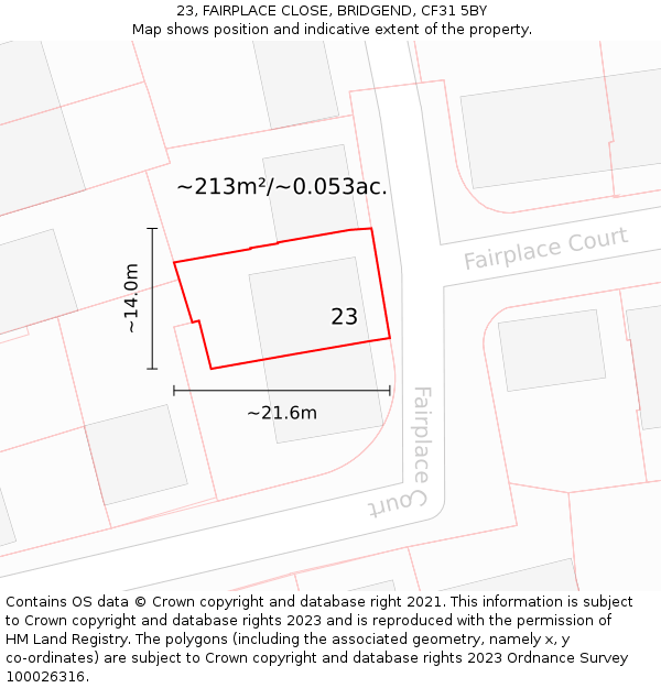 23, FAIRPLACE CLOSE, BRIDGEND, CF31 5BY: Plot and title map