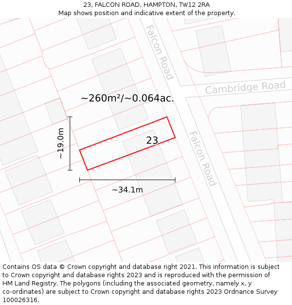 23, FALCON ROAD, HAMPTON, TW12 2RA: Plot and title map
