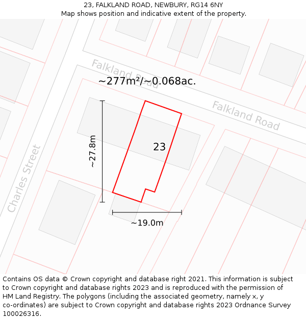 23, FALKLAND ROAD, NEWBURY, RG14 6NY: Plot and title map