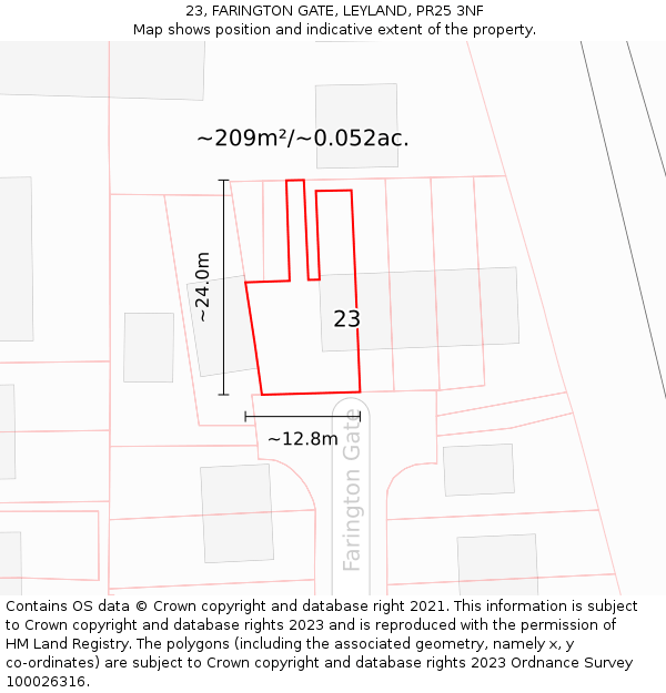 23, FARINGTON GATE, LEYLAND, PR25 3NF: Plot and title map