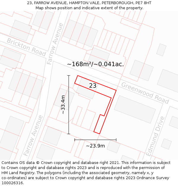 23, FARROW AVENUE, HAMPTON VALE, PETERBOROUGH, PE7 8HT: Plot and title map