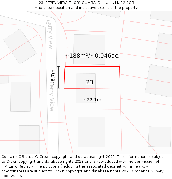 23, FERRY VIEW, THORNGUMBALD, HULL, HU12 9GB: Plot and title map