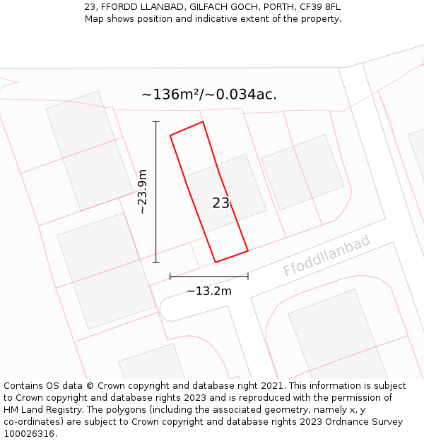 23, FFORDD LLANBAD, GILFACH GOCH, PORTH, CF39 8FL: Plot and title map