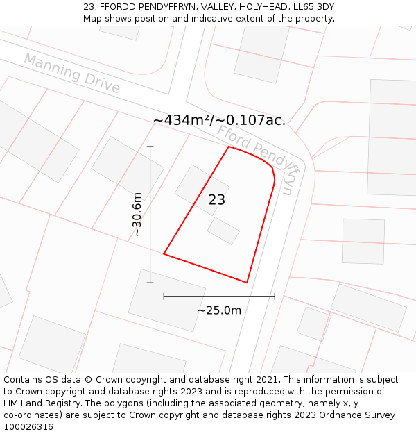 23, FFORDD PENDYFFRYN, VALLEY, HOLYHEAD, LL65 3DY: Plot and title map
