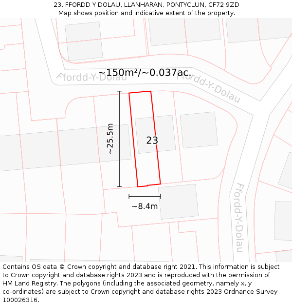 23, FFORDD Y DOLAU, LLANHARAN, PONTYCLUN, CF72 9ZD: Plot and title map