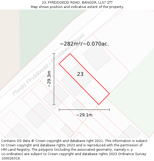 23, FFRIDDOEDD ROAD, BANGOR, LL57 2TT: Plot and title map
