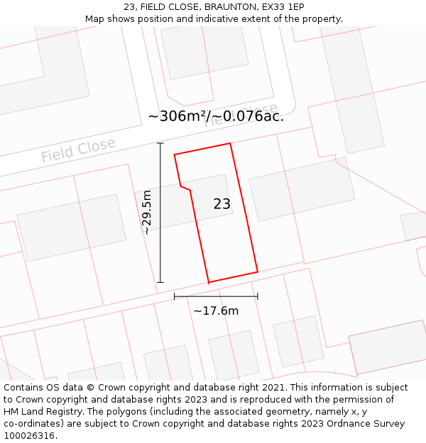 23, FIELD CLOSE, BRAUNTON, EX33 1EP: Plot and title map