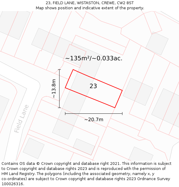 23, FIELD LANE, WISTASTON, CREWE, CW2 8ST: Plot and title map