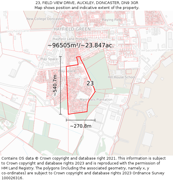 23, FIELD VIEW DRIVE, AUCKLEY, DONCASTER, DN9 3GR: Plot and title map