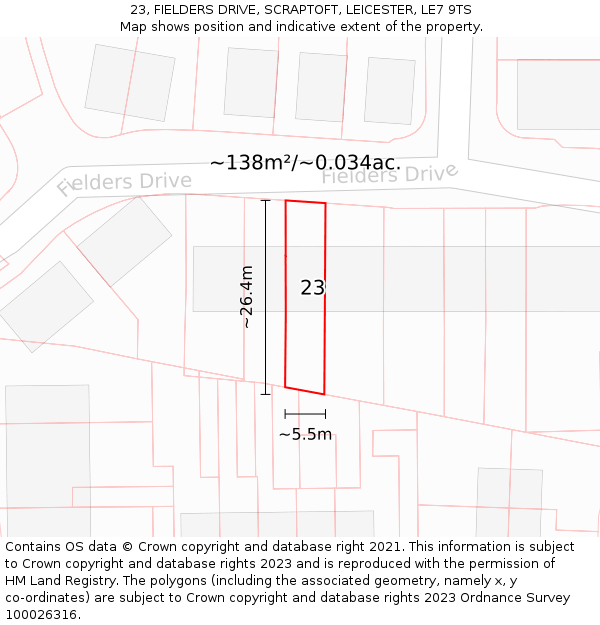23, FIELDERS DRIVE, SCRAPTOFT, LEICESTER, LE7 9TS: Plot and title map