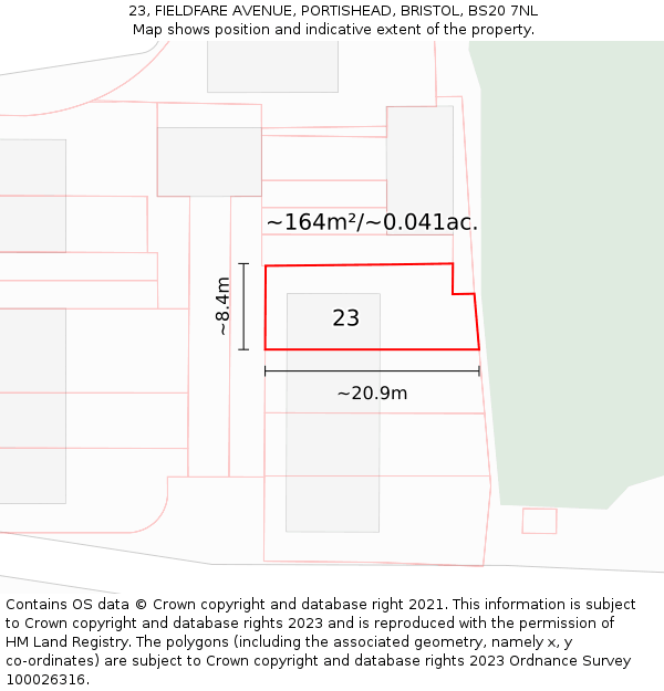 23, FIELDFARE AVENUE, PORTISHEAD, BRISTOL, BS20 7NL: Plot and title map