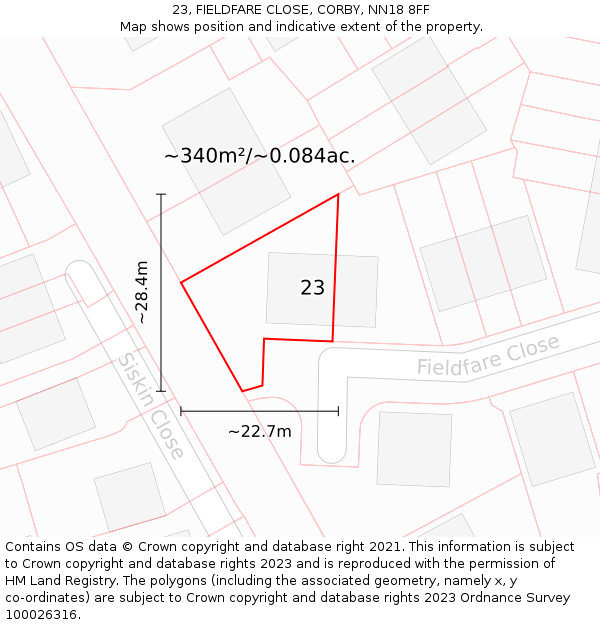 23, FIELDFARE CLOSE, CORBY, NN18 8FF: Plot and title map