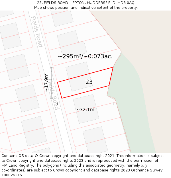 23, FIELDS ROAD, LEPTON, HUDDERSFIELD, HD8 0AQ: Plot and title map