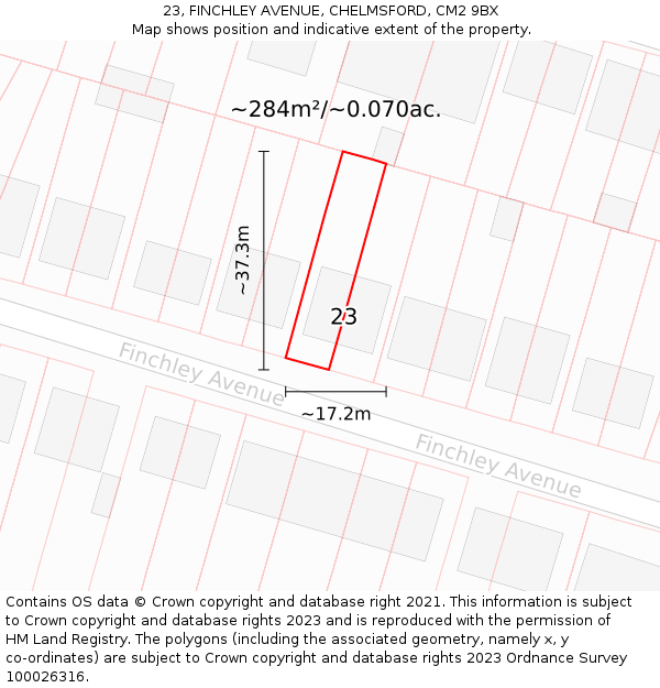 23, FINCHLEY AVENUE, CHELMSFORD, CM2 9BX: Plot and title map