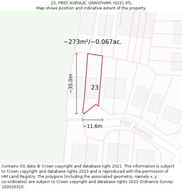 23, FIRST AVENUE, GRANTHAM, NG31 9TL: Plot and title map