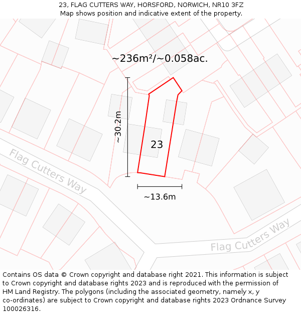 23, FLAG CUTTERS WAY, HORSFORD, NORWICH, NR10 3FZ: Plot and title map