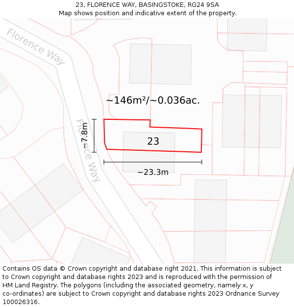 23, FLORENCE WAY, BASINGSTOKE, RG24 9SA: Plot and title map