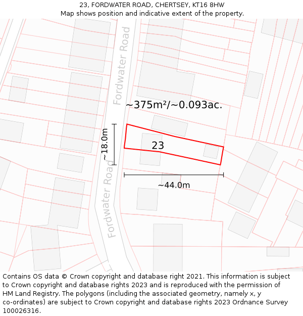 23, FORDWATER ROAD, CHERTSEY, KT16 8HW: Plot and title map