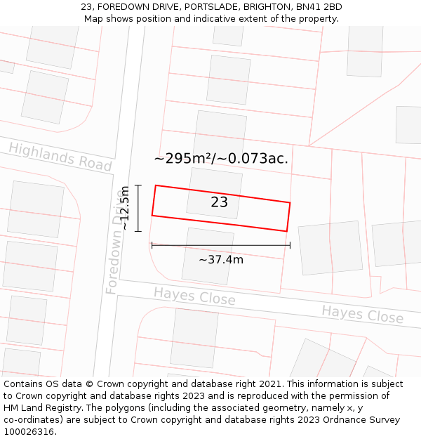23, FOREDOWN DRIVE, PORTSLADE, BRIGHTON, BN41 2BD: Plot and title map