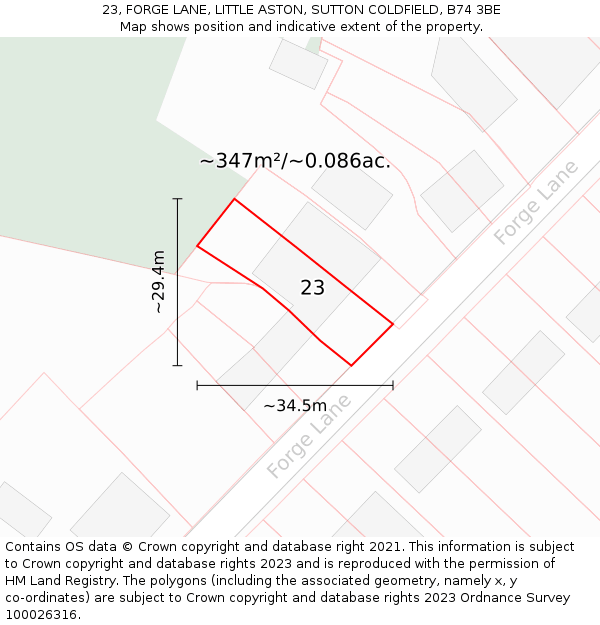 23, FORGE LANE, LITTLE ASTON, SUTTON COLDFIELD, B74 3BE: Plot and title map