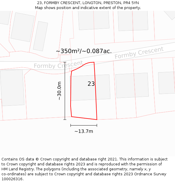 23, FORMBY CRESCENT, LONGTON, PRESTON, PR4 5YN: Plot and title map