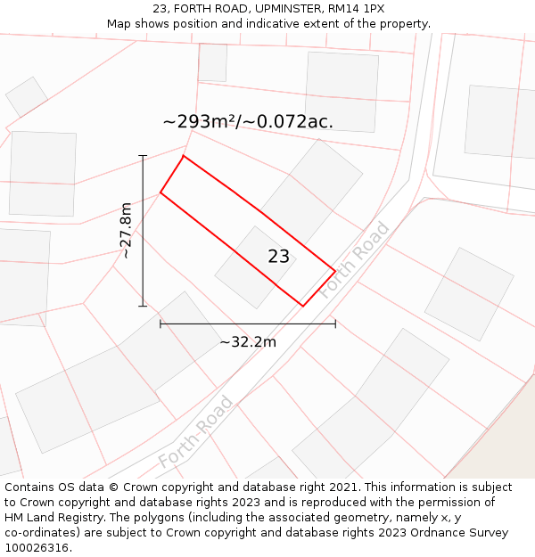23, FORTH ROAD, UPMINSTER, RM14 1PX: Plot and title map