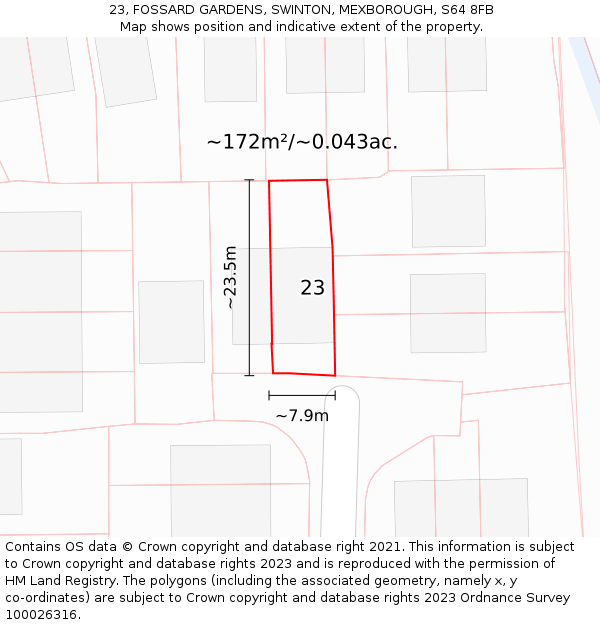 23, FOSSARD GARDENS, SWINTON, MEXBOROUGH, S64 8FB: Plot and title map