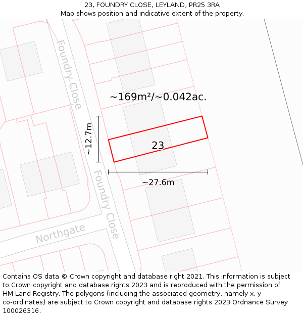 23, FOUNDRY CLOSE, LEYLAND, PR25 3RA: Plot and title map