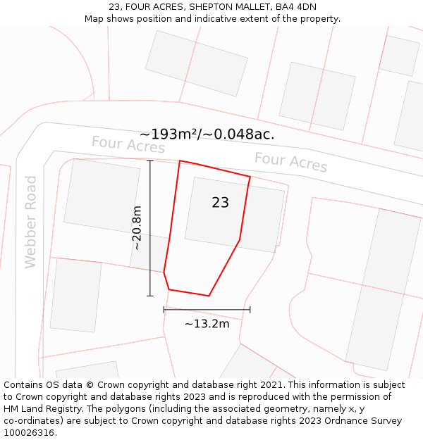 23, FOUR ACRES, SHEPTON MALLET, BA4 4DN: Plot and title map