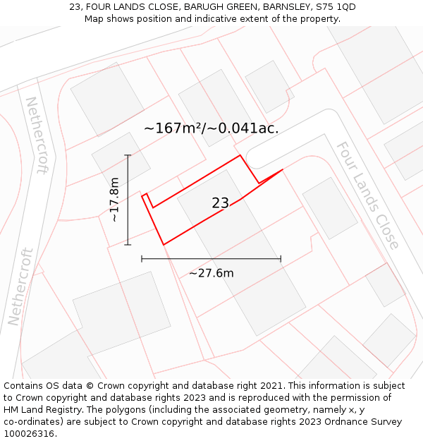 23, FOUR LANDS CLOSE, BARUGH GREEN, BARNSLEY, S75 1QD: Plot and title map