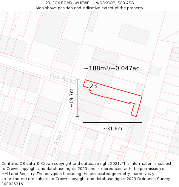 23, FOX ROAD, WHITWELL, WORKSOP, S80 4SA: Plot and title map