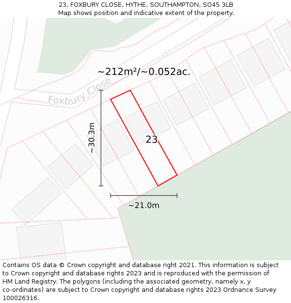 23, FOXBURY CLOSE, HYTHE, SOUTHAMPTON, SO45 3LB: Plot and title map