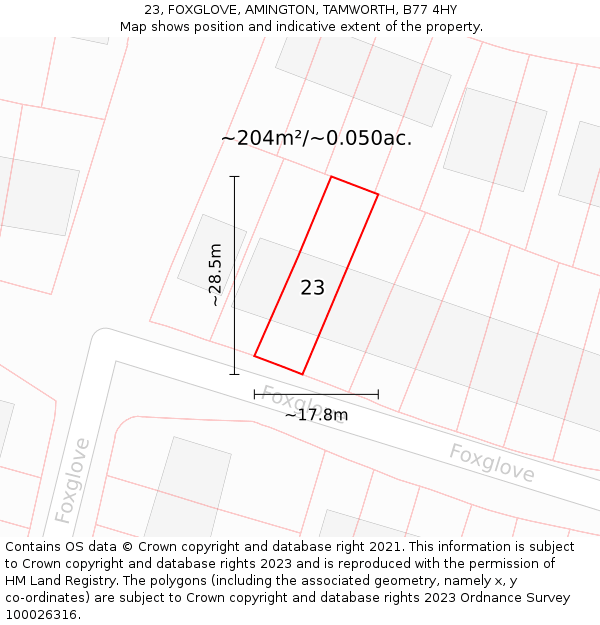 23, FOXGLOVE, AMINGTON, TAMWORTH, B77 4HY: Plot and title map