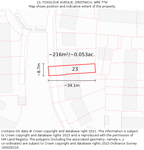 23, FOXGLOVE AVENUE, DROITWICH, WR9 7TW: Plot and title map