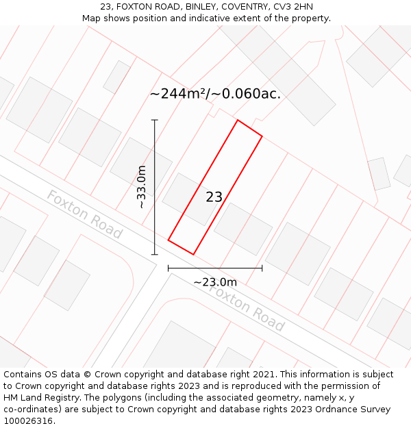 23, FOXTON ROAD, BINLEY, COVENTRY, CV3 2HN: Plot and title map