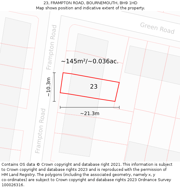 23, FRAMPTON ROAD, BOURNEMOUTH, BH9 1HD: Plot and title map