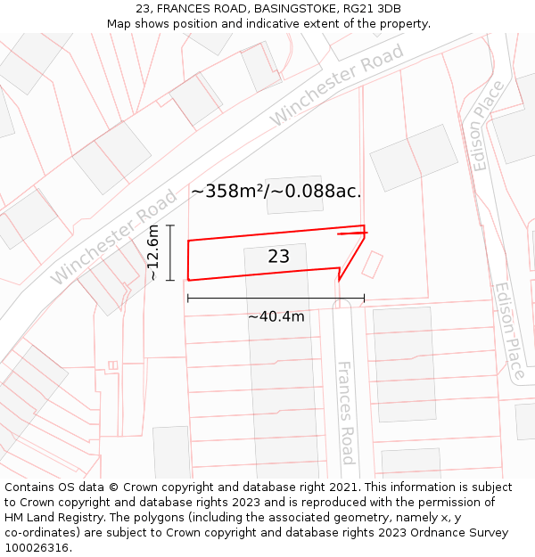 23, FRANCES ROAD, BASINGSTOKE, RG21 3DB: Plot and title map