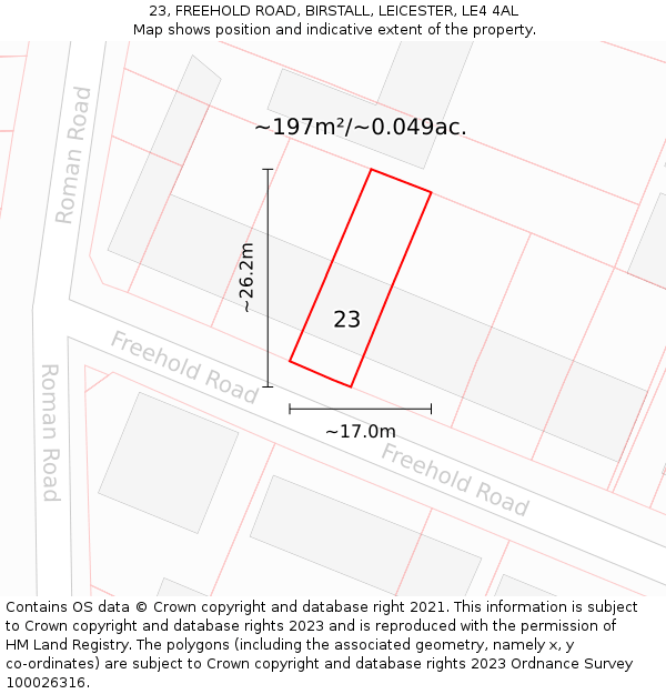 23, FREEHOLD ROAD, BIRSTALL, LEICESTER, LE4 4AL: Plot and title map