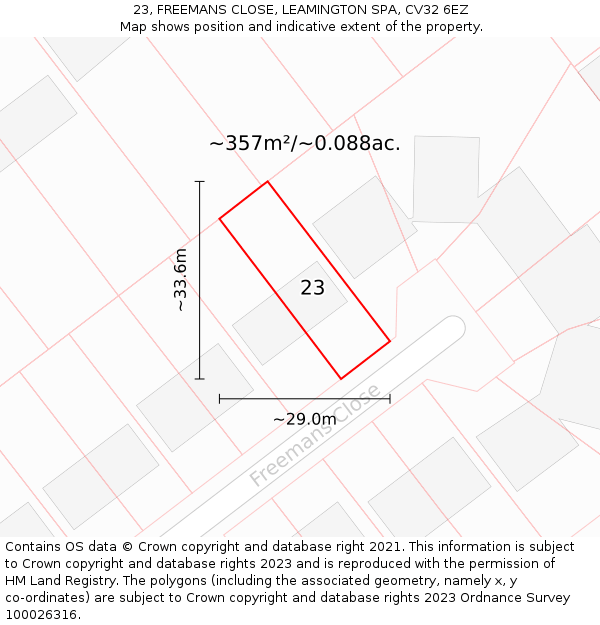23, FREEMANS CLOSE, LEAMINGTON SPA, CV32 6EZ: Plot and title map