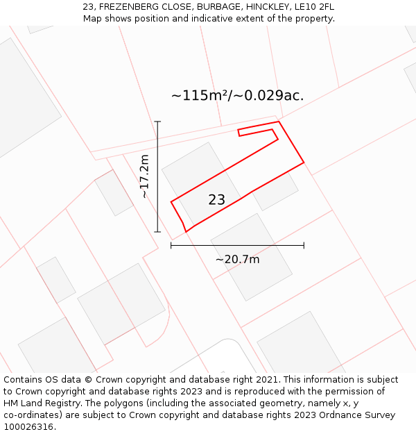 23, FREZENBERG CLOSE, BURBAGE, HINCKLEY, LE10 2FL: Plot and title map
