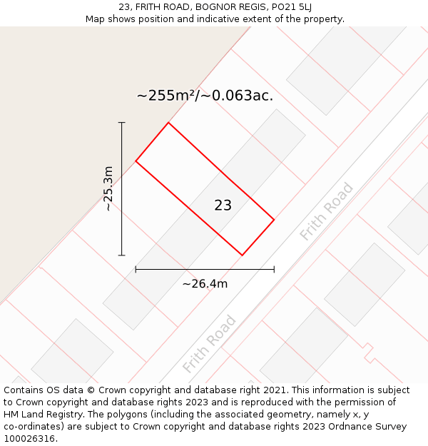 23, FRITH ROAD, BOGNOR REGIS, PO21 5LJ: Plot and title map