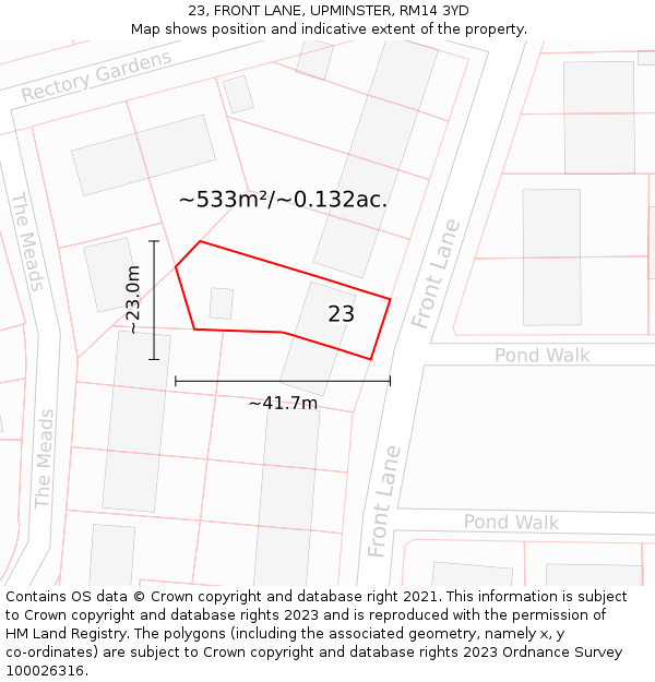 23, FRONT LANE, UPMINSTER, RM14 3YD: Plot and title map