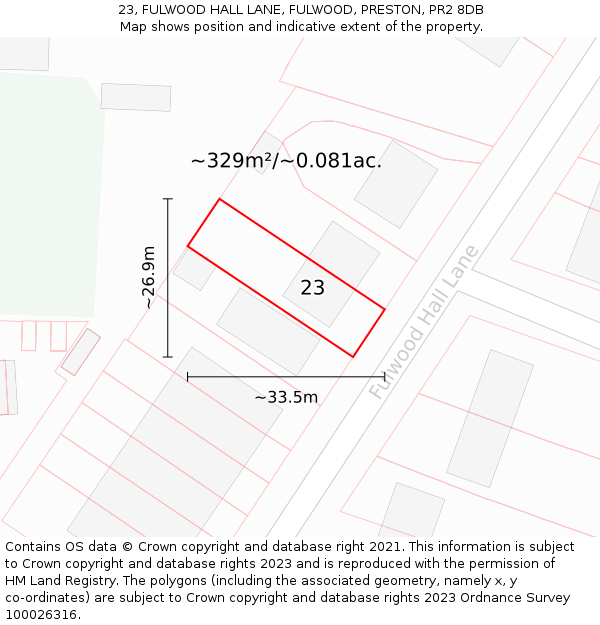 23, FULWOOD HALL LANE, FULWOOD, PRESTON, PR2 8DB: Plot and title map