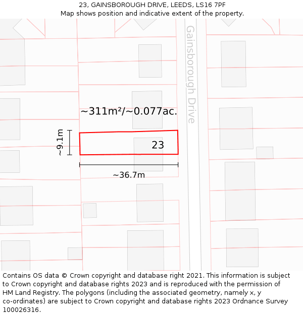 23, GAINSBOROUGH DRIVE, LEEDS, LS16 7PF: Plot and title map