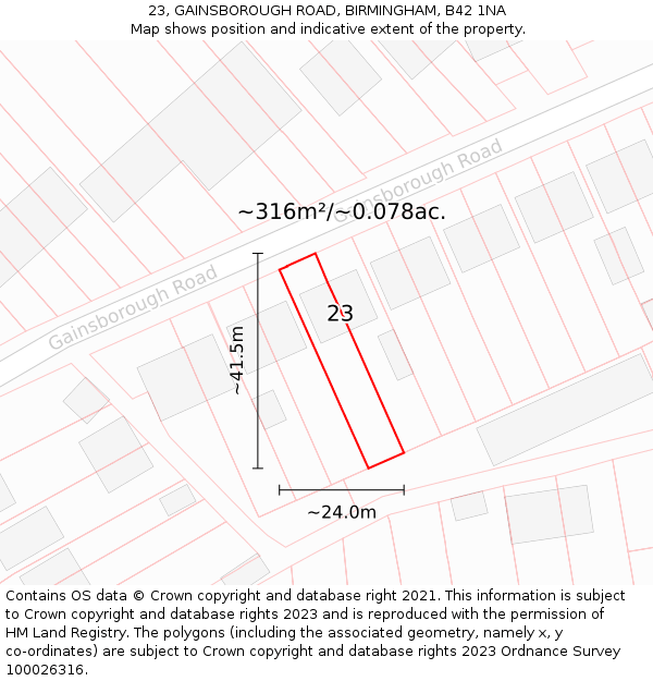 23, GAINSBOROUGH ROAD, BIRMINGHAM, B42 1NA: Plot and title map