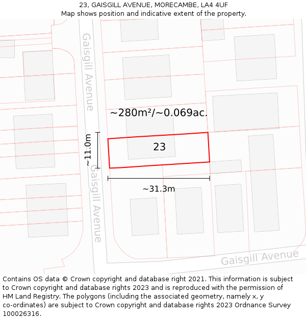 23, GAISGILL AVENUE, MORECAMBE, LA4 4UF: Plot and title map
